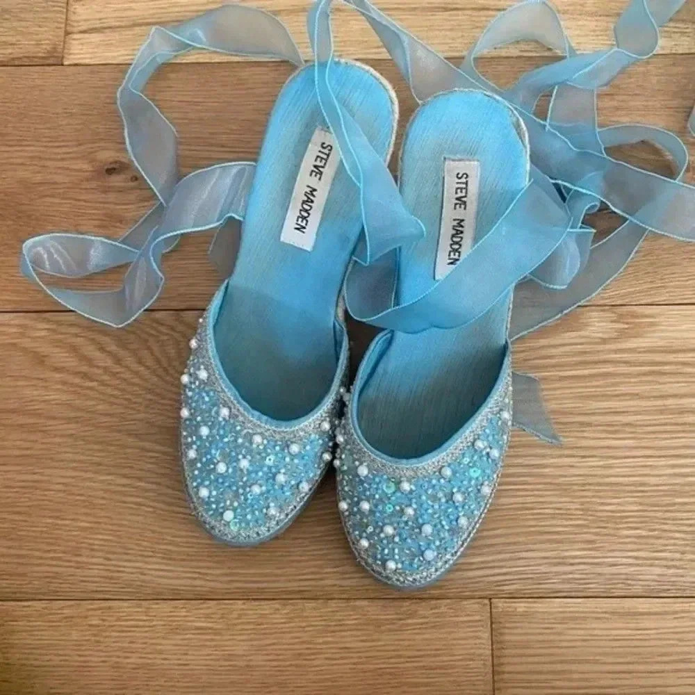 Steve Madden Blue Beaded Espadrilles Tie Up Wedges - Picture 10 of 15